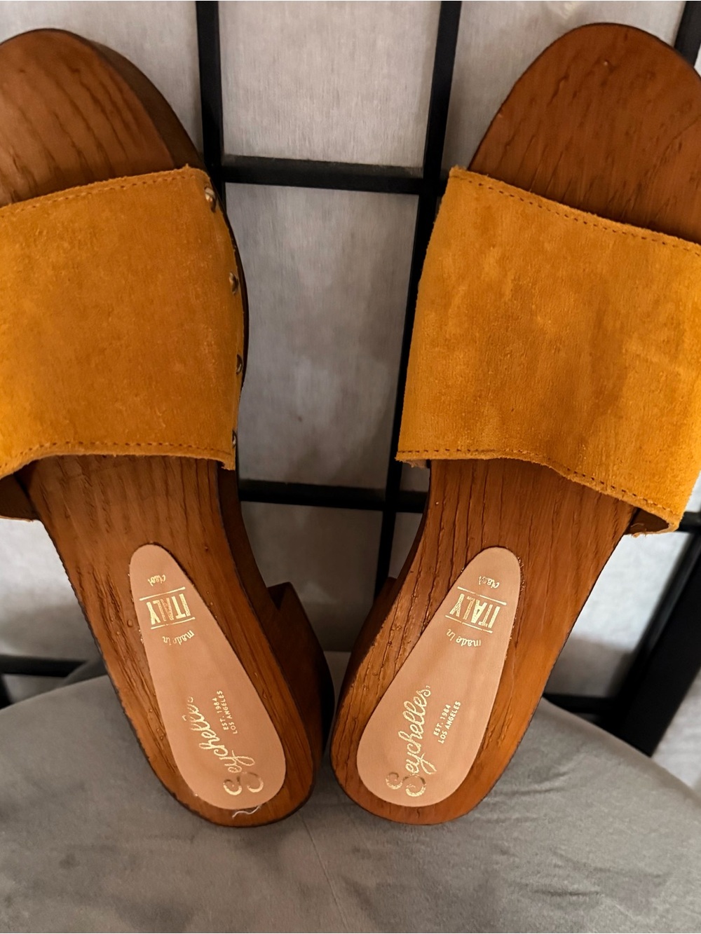Seychelles Mustard Suede Slide Clogs
